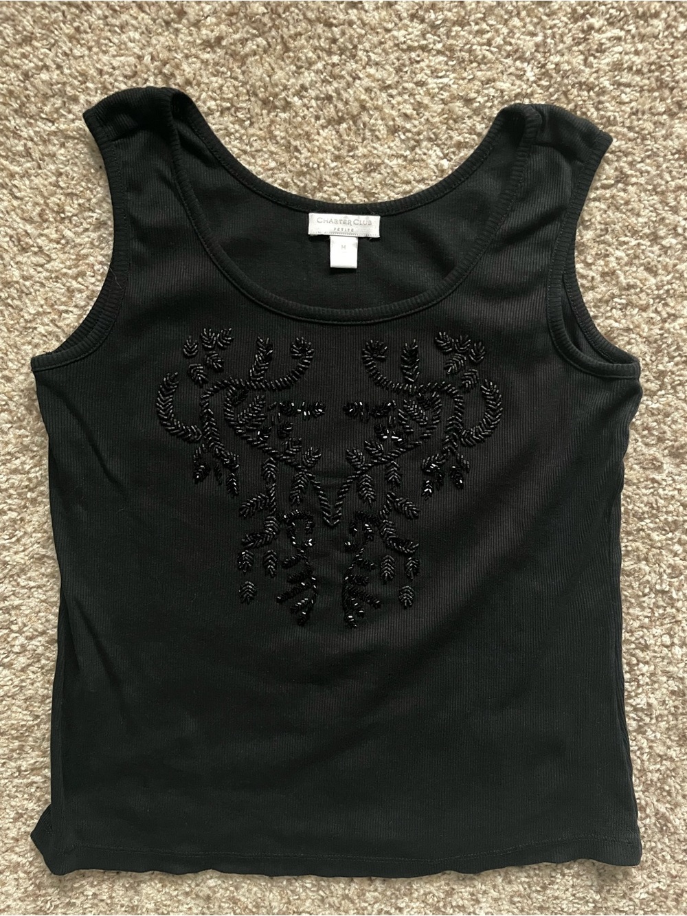 Charter Club Beaded Ribbed Black Tank Size Medium Cotton